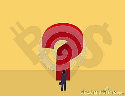 Businessman standing in front of a huge question mark. Hard choice in uncertainty concept Vector Illustration