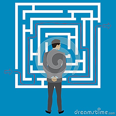 Businessman standing in front of a maze with a solution to succe Vector Illustration