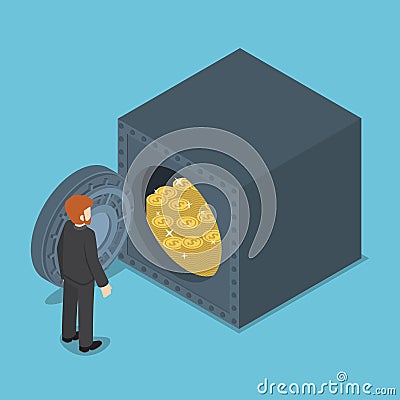 Businessman Standing in front of Safe Full of Money Vector Illustration