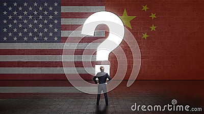 Businessman standing in front of a wall with a questionmark and the flags of the usa and china Stock Photo