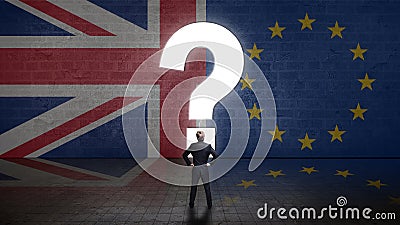 Businessman standing in front of a wall with the union jack and the eu flag with question-mark portal Stock Photo