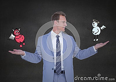 Businessman standing between the good and bad conscience Stock Photo