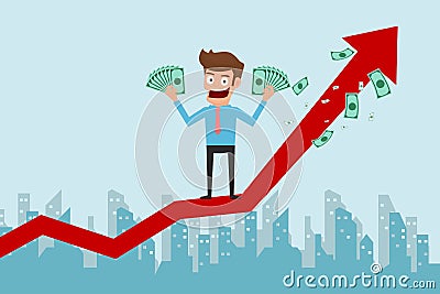 Businessman standing on growth graph and holding money. Success concept. Vector Illustration