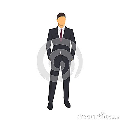 Businessman standing with hands in pockets. Abstract geometric vector illustration, front view. Flat design business people Vector Illustration