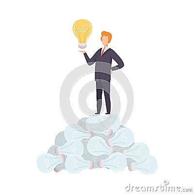 Businessman Standing on Heap of Electric Light Bulbs and Holding Glowing Light Bulb, Brainstorming, Innovation Vector Illustration