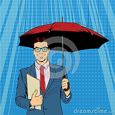 A businessman standing holding umbrella protecting his money to investments Vector Illustration