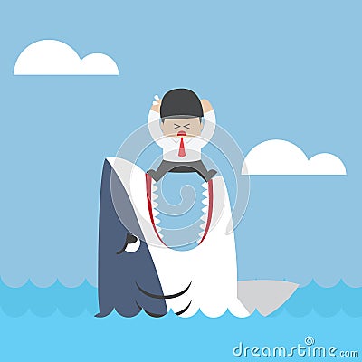 Businessman standing on Jaws of shark Vector Illustration