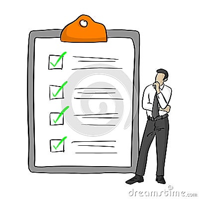 Businessman standing near big complete checklist with green tick marks vector illustration with black lines isolated on white Vector Illustration