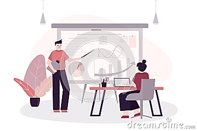 Businessman standing near board and making presentation. Partners discussing business project. Employees on meeting analyze Vector Illustration