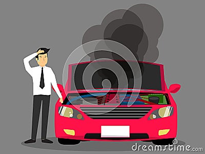 Businessman standing near broken car Vector Illustration
