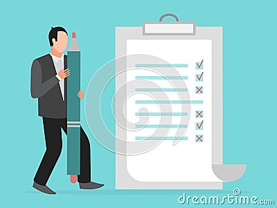 Businessman is standing near checklist, holding pen vector illustration. hecklist with ticks on tablet. Business man Vector Illustration