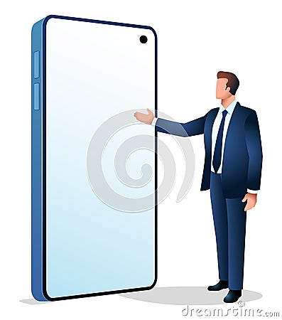 Businessman standing near smart phone presenting blank screen Vector Illustration