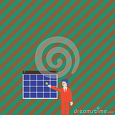 Businessman Standing and Pointing to Calendar with star. Man in Suit Presenting Colorful Bulletin Board Hanged on Wall Vector Illustration