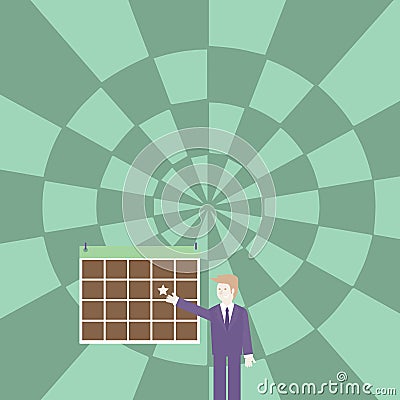 Businessman Standing and Pointing to Calendar with star. Man in Suit Presenting Colorful Bulletin Board Hanged on Wall Vector Illustration