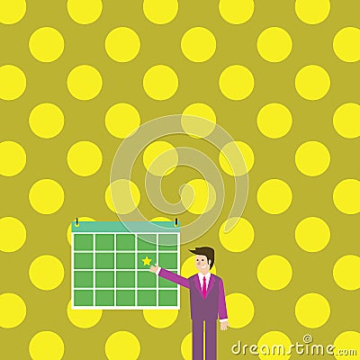 Businessman Standing and Pointing to Calendar with star. Man in Suit Presenting Colorful Bulletin Board Hanged on Wall Vector Illustration