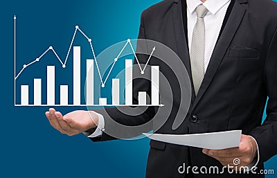 Businessman standing posture hand holding graph finance isolated Stock Photo