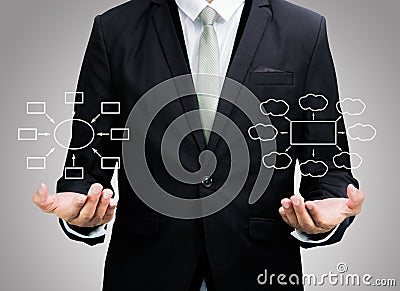 Businessman standing posture hand holding strategy flowchart iso Stock Photo