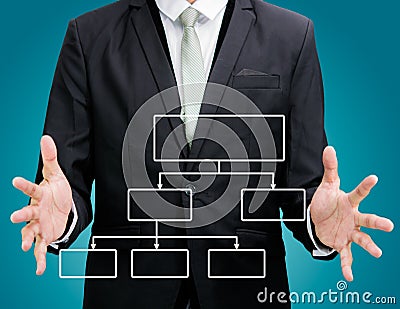 Businessman standing posture hand holding strategy flowchart iso Stock Photo