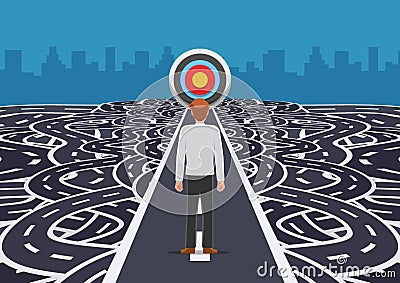 Businessman standing on road that cutting straight to the target Vector Illustration