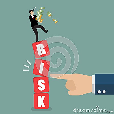 Businessman standing on shaky risk blocks by hand of enemy Vector Illustration