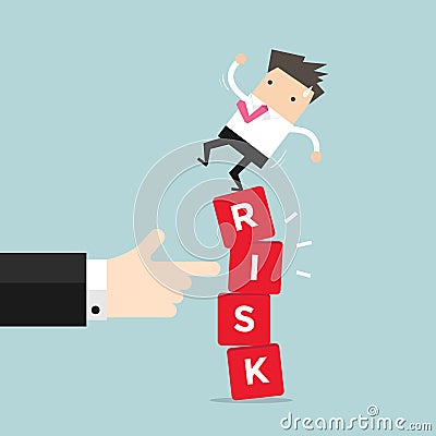 Businessman standing on shaky risk blocks by hand of manager. Vector Illustration