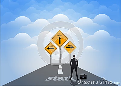 Businessman is standing with sign of easy vs hard way on the highway Stock Photo