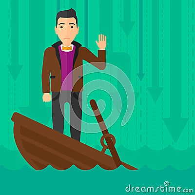 Businessman standing in sinking boat. Vector Illustration