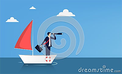 Businessman standing with telescope on the sailboat. Business vision vector illustration Vector Illustration