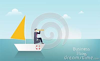 Businessman standing with telescope on the sailboat symbol. Business vision vector illustration Vector Illustration