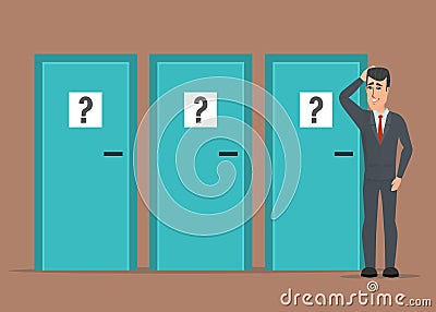 Businessman standing beside three doors, unable to make the right decision. Marks question. Business cartoon concept. Vector Vector Illustration