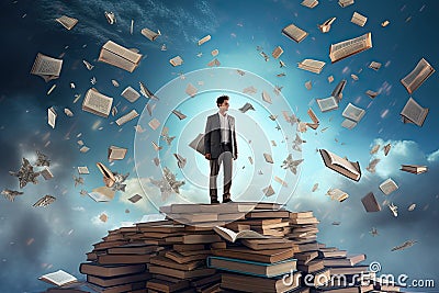 Businessman standing on top of a pile of books. Mixed media, A man standing on an open book. floating pieces of the book above him Stock Photo