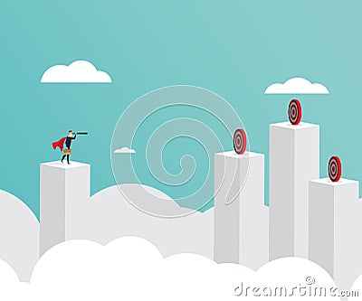 Businessman standing on top of pillars and use telescope looking Vector Illustration