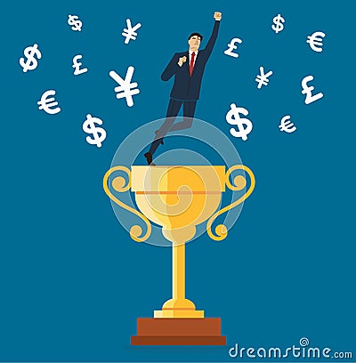 Businessman standing on the trophy cup with money symbol icon vector, business concept illustration Vector Illustration