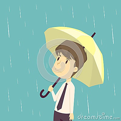 Businessman standing with umbrella in rain. cartoon of business,employee success is the concept of the man characters business, t Vector Illustration