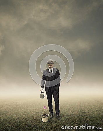 Businessman Standing and Watering a Small Plant Stock Photo