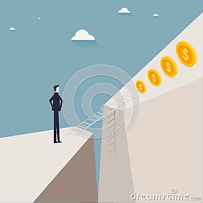 Businessman stands on the edge of Valley. risk. investment. success. on gray background Vector Illustration