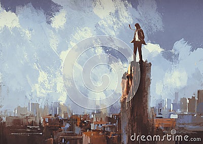 Businessman stands on the peak looking at city Stock Photo