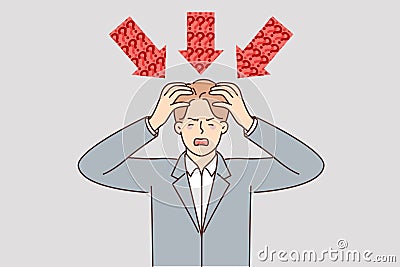 Businessman stands among red arrows and shouts asking for help to solve complex issues. Vector Illustration
