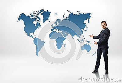 Businessman stands showing world map by both hands isolated on white background Stock Photo