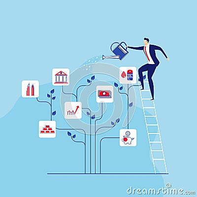 Businessman stands on stairs steps watering money tree. Concept of investment and increasing financial growth Vector Illustration