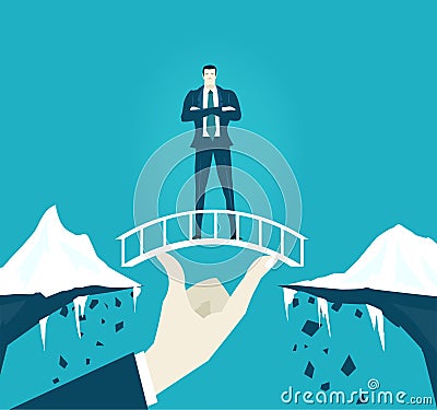 Businessman stays on safe bridge which in holding by businessmen hand. Support, coordination and advisory Stock Photo