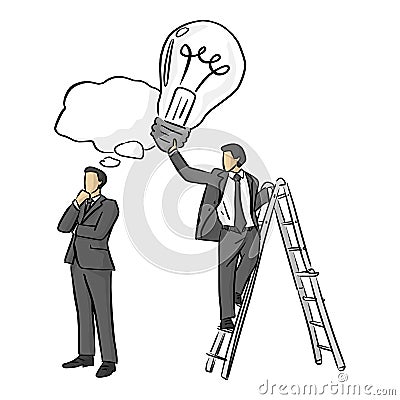 Businessman stealing idea from the other vector illustration with black lines isolated on white background Vector Illustration