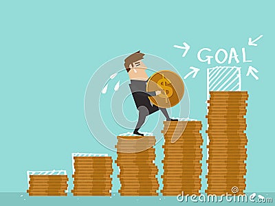 Businessman step on stack of coin in investment progress concept. Vector Illustration