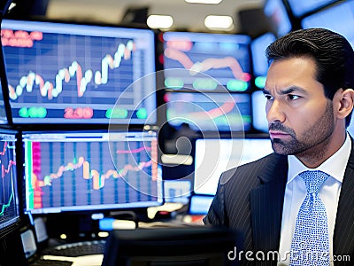 businessman in stock exchange trading room. Generative AI Stock Photo