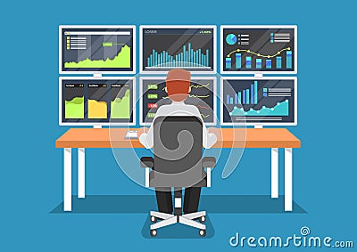 Businessman or stock market trader working at desk. Vector Illustration