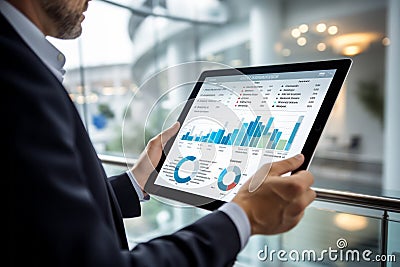 Businessman holding digital tablet. AI generated. Stock Photo