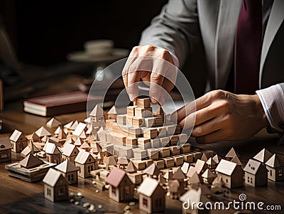 Businessman strategically assembling wooden blocks Stock Photo