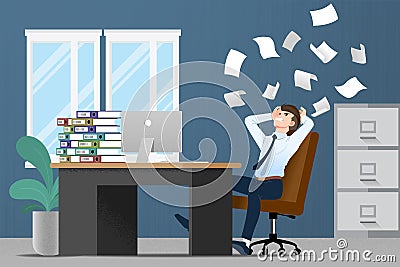 Businessman stress at the desk by a lot of work. Flat vector illustration design of employee character with stack of paper work. Vector Illustration