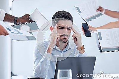 Businessman stress, headache and office chaos, anxiety and sad in crazy, busy and frustrated company. Burnout, deadline Stock Photo