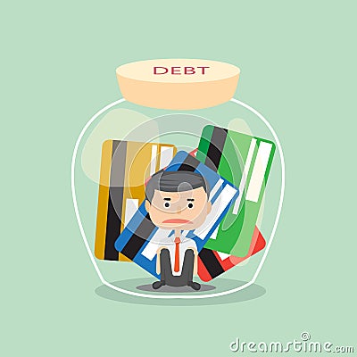 Businessman stress with him debt and trap credit card in bottle concept illustrator. Vector Illustration